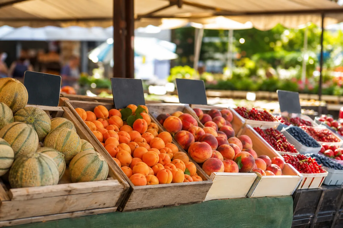 Étal de marché couvert de fruits français mûrs en été