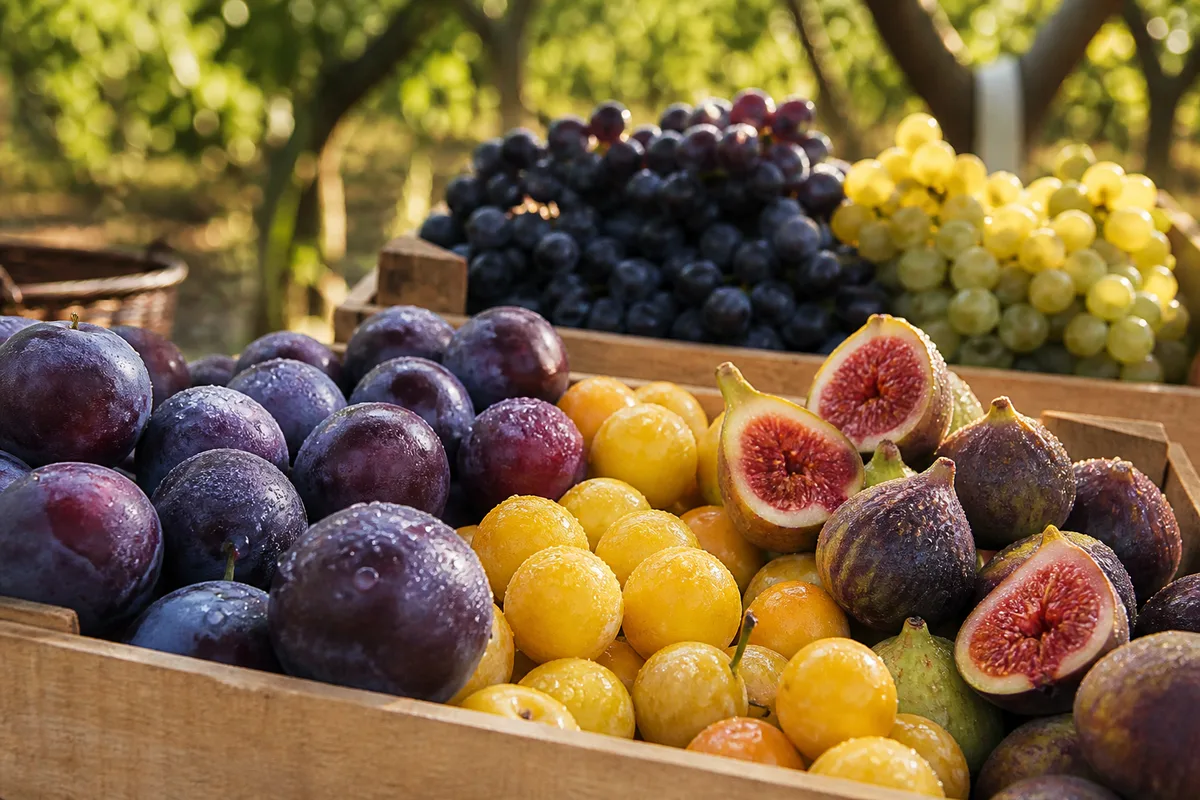Cagettes de prunes, figues et raisins fraîchement récoltés