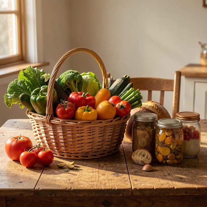 Étal de marché coloré de fruits et légumes de saison, cageots de tomates, courges et herbes fraîches